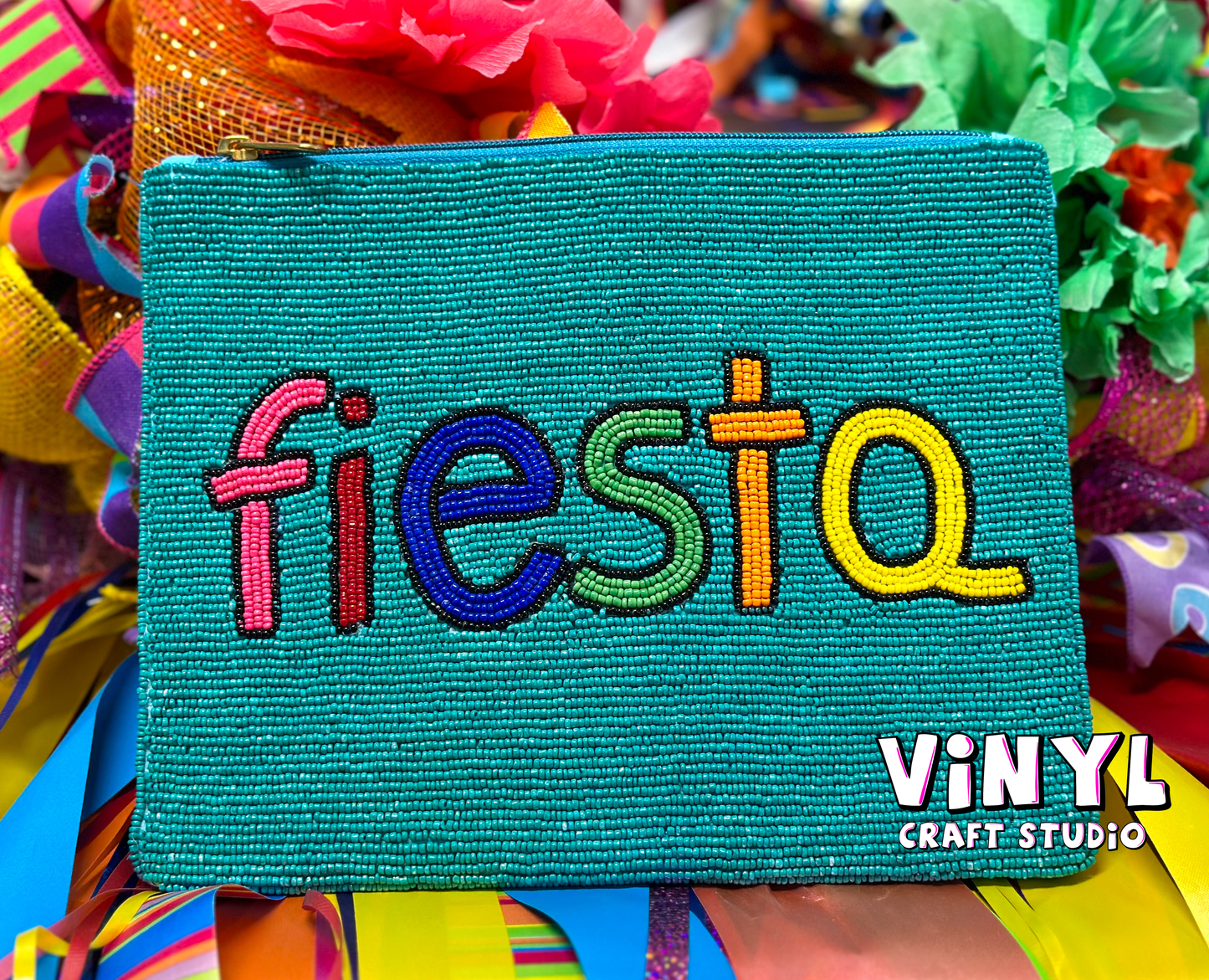 Teal & Multi-Color Beaded "fiesta" Crossbody with Gold Chain